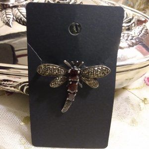 🎬Vintage🎬Sterling Silver Garnet Marcasite Dragonfly Brooch